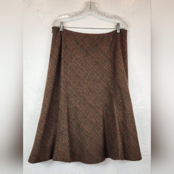 Chaps RL Women Wool Blend Skirt Size 12‎ Brown Plaid Lined A Line Side Zip - Picture 2 of 4